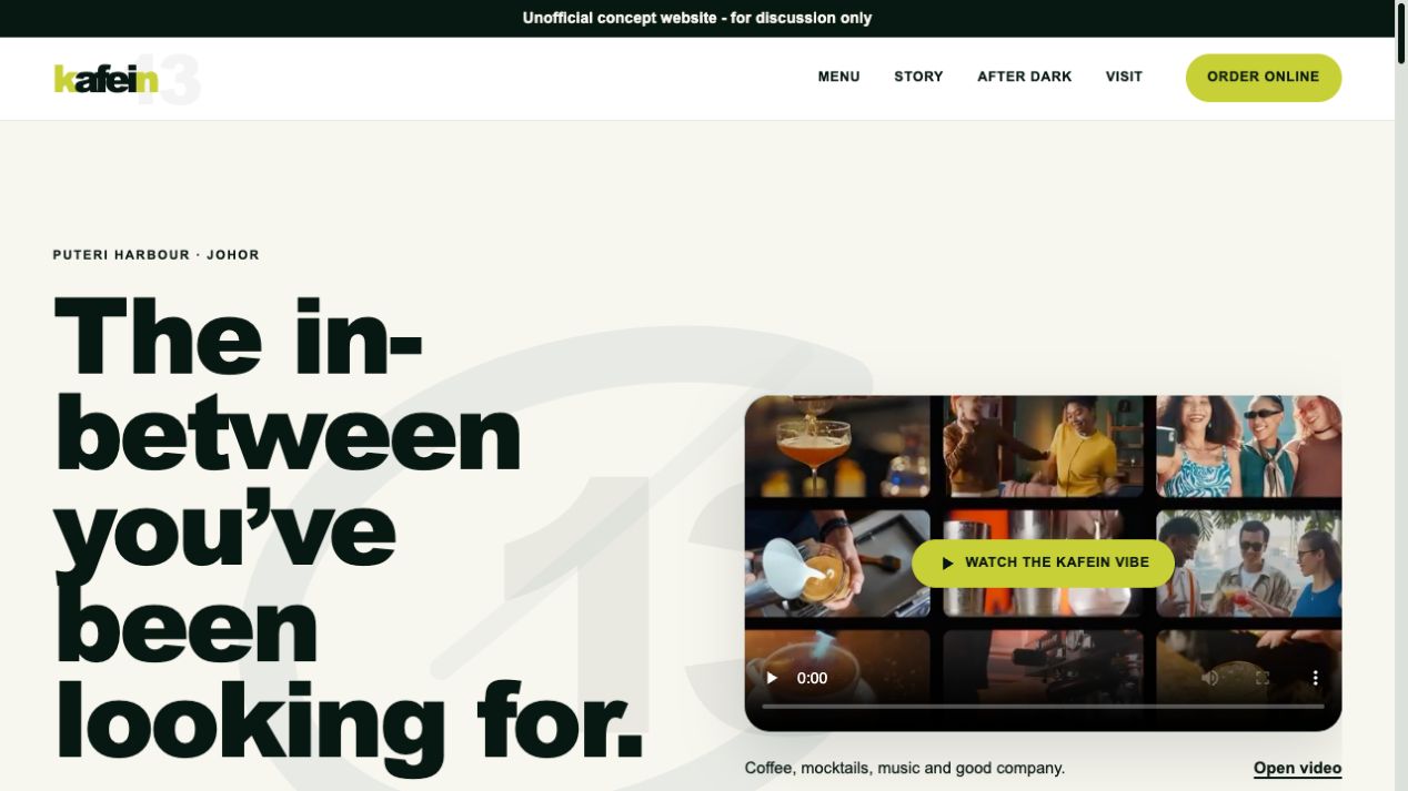 Screenshot of our Kafein 13 concept website, showing its green branding, café introduction and video.